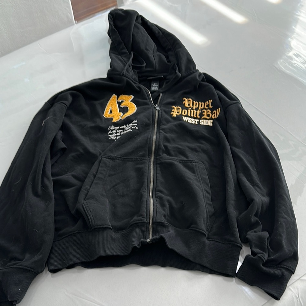 Black Hoodie with Gold and White Embroidery